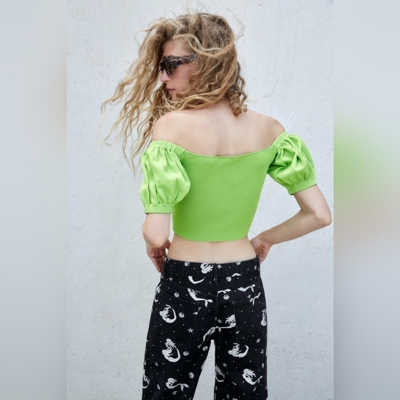 ZARA KNIT TOP WITH BALLOON SLEEVES neon green off the shoulder medium - Picture 5 of 11